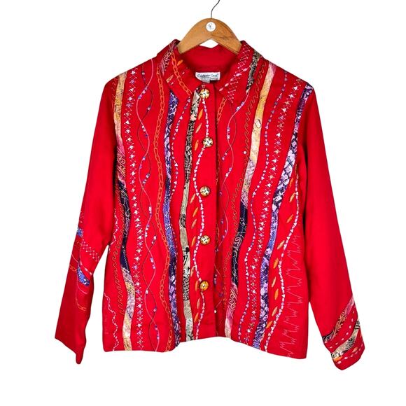 Coldwater Creek Red Woven Embroidered Embellished Art to Wear Button Jacket - Picture 6 of 11